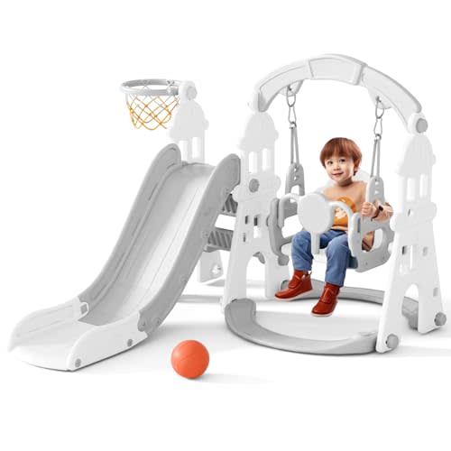 KORIMEFA 4 in 1 Toddler Slide and Swing Set, Kids Climber Slide Playset with Basketball Hoop Playground Swing Set for Indoor Outdoor Backyard Age 1-3 (4 in1-Gray)