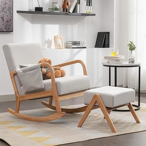 Nursery Rocking Chairs with Ottoman，Rocker Chair Glider Chair for Nursery，Modern Mid Century Living Room Chair Nursing Comfy Chairs for Mom Seniors, Light Gray