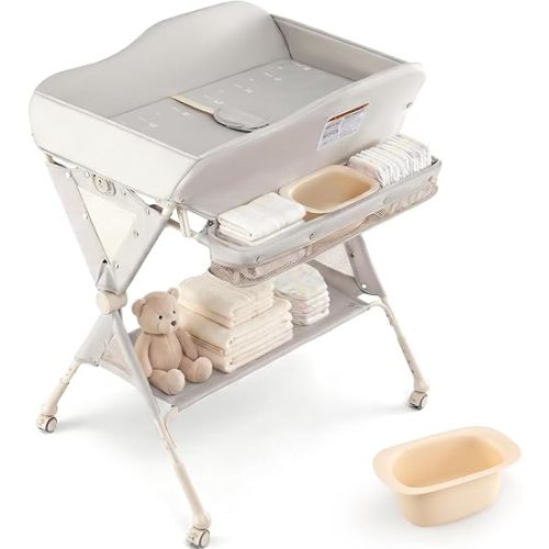 INFANS Baby Changing Table with Wheels, Portable Folding Diaper Station Nursery Organizer with Storage Basket, Hanging Rack, Adjustable Height, Safety Belt for Newborn Infant (Light Gray)
