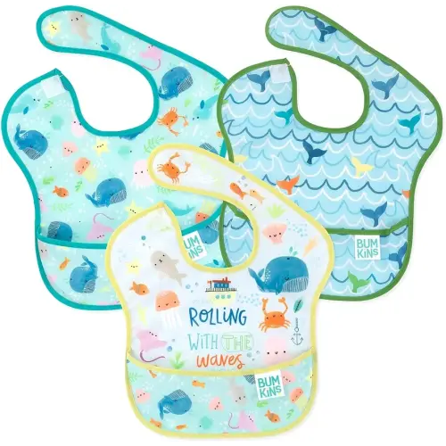 Bumkins Bibs for Girl or Boy, SuperBib Baby and Toddler 6-24 Months, Essential Must Have for Eating, Feeding, Baby Led Weaning Supplies, Mess Saving Catch Food, Waterproof Fabric 3-pk Blue Ocean Life