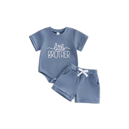 BemeyourBBs Toddler Baby Boy Little Brother Big Brother Matching Outfit Infant Boys Summer Clothes Waffle Knit Short Sleeve Letters Embroidery Romper T Shirt with Shorts Set