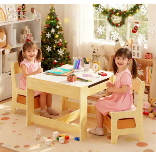 Kid's Table and Chairs Set, Asofer Toddler Craft Table with Removable Desktop Storage, Versatile for Playing Studying Eating, White/Gray
