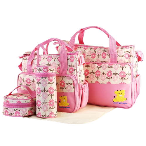 Imountek 5Pcs Diaper Bag Tote Set, Baby Diaper Bag Set with Changing Pad, Insulated Pockets, Water-Resistant Travel Tote for Mom and Dad, Pink