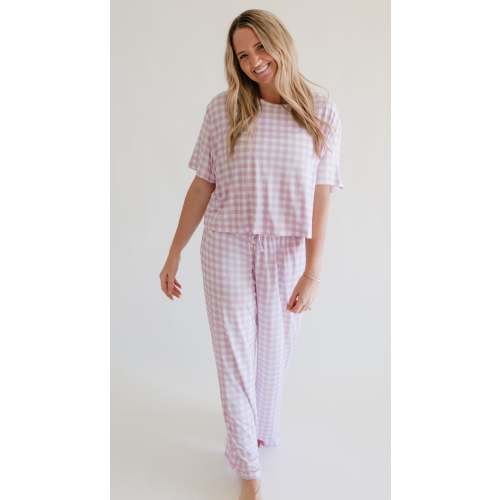 Women's T-Shirt and Pants Set in Purple Gingham