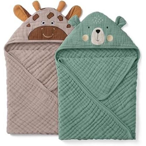 Blissful Diary Muslin Baby Hooded Towel 2 Pack, Soft & Absorbent Bath Towel for Infant, Toddler, Unisex, Baby Gift, Newborn Essentials, Bear & Giraffe