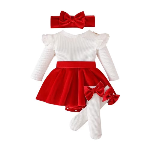 BLVB Baby Girl Clothes Newborn Fall Winter Holiday Outfit Ruffled Long Sleeve Romper Dress Headband Skirt Socks Set 1-18 Months
