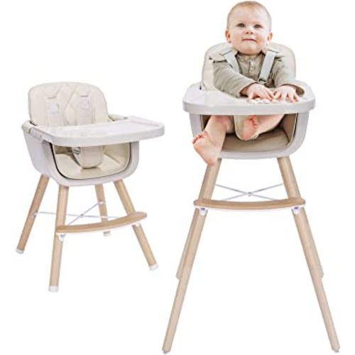 3-in-1 Convertible Wooden High Chair,Baby High Chair with Adjustable Legs & Dishwasher Safe Tray, Made of Sleek Hardwood & Premium Leatherette,Cream Color