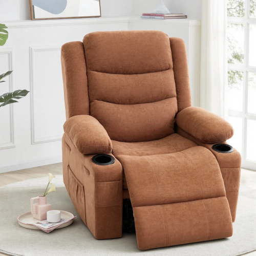 GAOHAPY Rocker Recliner Chair, 360 Swivel Recliner Chair for Adults, Chenille Fabric Single Sofa Seat with Cup Holders, Recliner Single Sofa with Side Pocket (Brown)