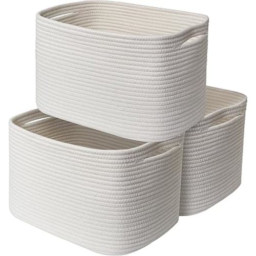White Baskets for Organizing, 3 Pack Woven Cotton Rope Storage Baskets for Shelves, Decorative Closet Bin, Cute Fabric Storage Bins for Bathroom, Toys, Towels, Clothes, Shoes Organization