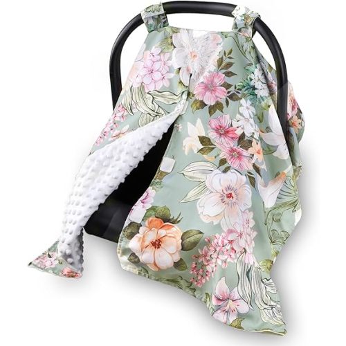 Car Seat Cover Baby, Flroal Infant Car Seat Canopy Covers for Newborn Girls Boys, Soft Breathable Minky Carseat Covers Stretchy Multi-Use Nursing Cover for Stroller Baby Car Seat, Green Leaf