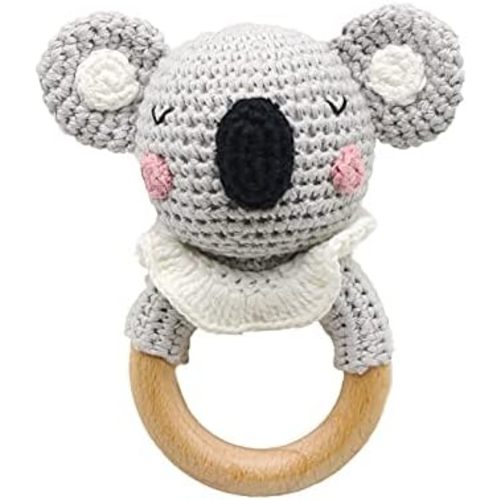 Wooden Baby Rattle for Newborn Toddler Soothing Handmade Crochet Ring Toys (Light Gray Koala)