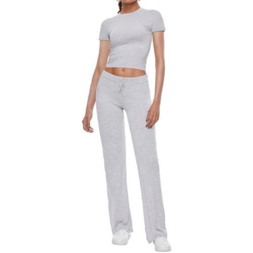 AnotherChill Women's 2 Piece Lounge Sets Straight Leg Pants Set Short Sleeve Crop T-shirt Casual Outfits Comfy Loungewear