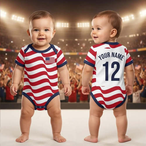 Personalized USA Flag Baby Bodysuit, Custom Name Number Baby Jersey, Patriotic World Soccer Shirt 685389