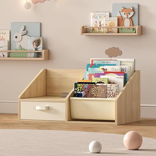 Kid Bookcase with Drawer - Book Nook for Kids Book Shelf Bench,Corner Bookshelf for Toddlers Storage Organizer for Bedroom Nursery