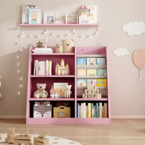 Kids Bookshelf and Toy Storage Organizer, 4 Tier Wooden Kids Book Shelf with Sling Book Rack in Kids Room Playroom Nursery for Kids, Children