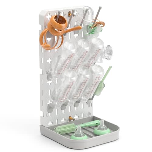 Baby Bottle Drying Rack Baby Bottle Holder Space Saving Bottle Dryer Rack Station Countertop Storage Organizer 12 Travel Bottle Drying Rack Vertical Breast Pump Part Plastic Bag Cup Dryer Tower Grey