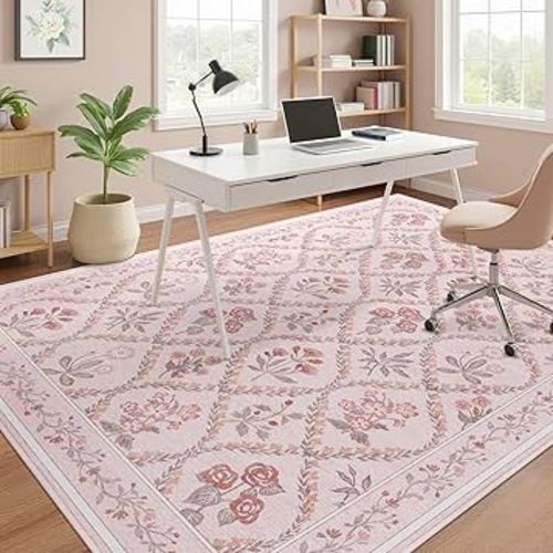 Pink Rug for Office Under Desk Rolling Chairs 4x6 Small Classroom Rug Reading Corner,Washable Boho Floral Hardwood Floor Mat for Baby Nursery Bedroom Living Room Kitchen Dinning Room