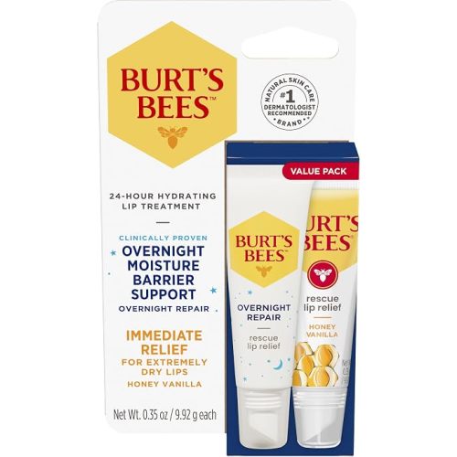 Burt's Bees Overnight Repair and Honey Vanilla Rescue Lip Relief Value 2 Pack, 100% Natural Origin Dry Lip Treatment, Clinically Proven 24-Hour Hydration, Squeeze Tubes, 0.35 oz Each