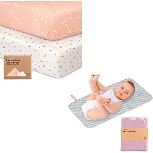 KeaBabies 2-Pack Organic Crib Sheets for Boys, Girls and Portable Diaper Changing Pad, Jersey Fitted Baby Crib Sheets Neutral, Waterproof Baby Changing Pad, Crib Mattress Sheet