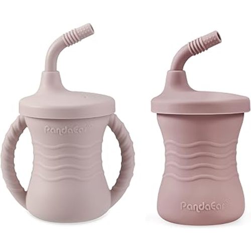 PandaEar 2-Pack Silicone Baby Training Cups with Straws, 5oz Toddler Sippy Cups (1 with Handles, 1 Handle-Free), Spill-Resistant Transition Set for 6 Months+, BPA Free (Dusty Pink & Rose)