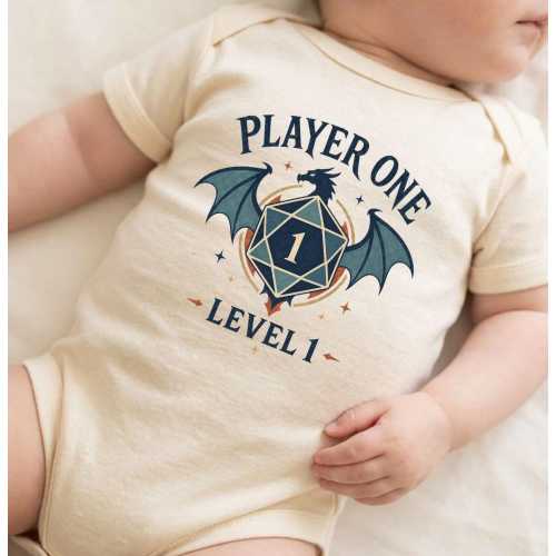 Player One Level 1 Baby Onesie, Dragon D20 Tabletop RPG Bodysuit, Nerdy Gamer Baby Shower Gift, Pregnancy Announcement Onesie