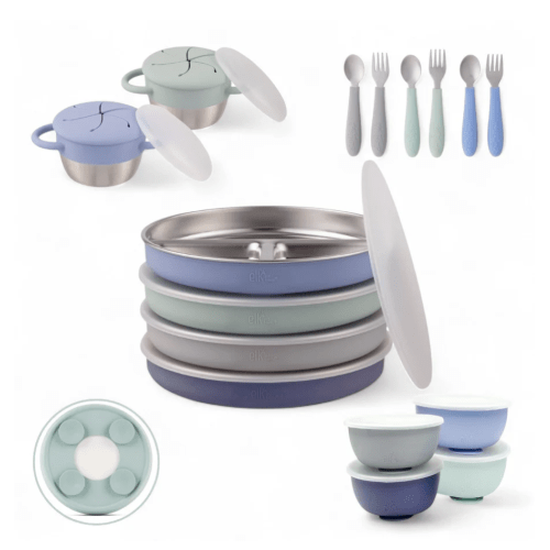 Stainless Steel Mealtime Bundle | Suction Sleeves | Plates, Bowls, Snack Cups + Toddler Utensils | 16 Pcs |  Sage/MistyBlue/Navy/Gray