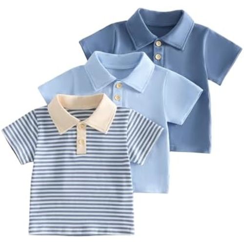 3-Pack Toddler Boys Short Sleeve Polo Shirt Baby Boy Girls Solid and Striped Tee Shirts Button Collar Top