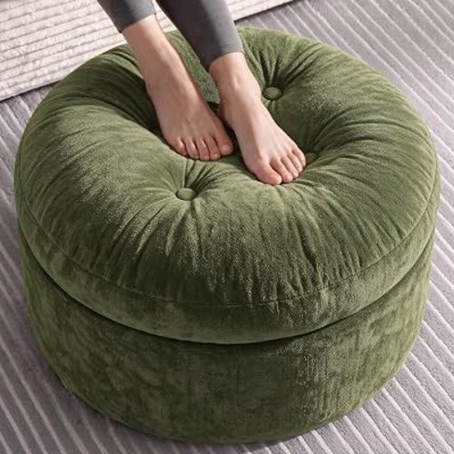 23.6in Round Pouf Ottoman, Chenille Ottoman Foot Rest with Dual‑Layer Support, Large Plush Pouf with Soft Chunk‑Foam Top & Firm Foam Base, Floor Foot Stool for Living Room, Green