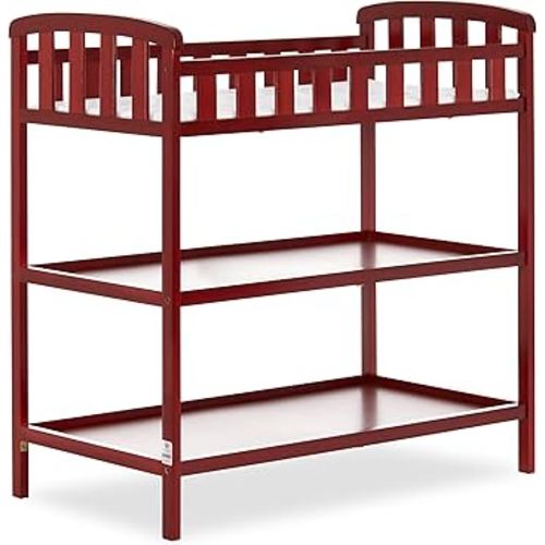 Dream On Me Emily Changing Table, Compact and Portable, Solid New Zealand Pinewood, Safety Rails, Two Storage Shelves, Includes Water-Resistant 1" Changing Pad — Cherry