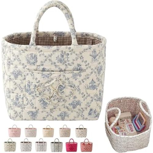 Women's Large Capacity Quilted Car Storage Basket Tote Bag Foldable Washable Multifunctional Diaper Organizer for Moms Daily Use,vine blue