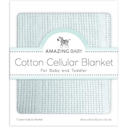 Amazing Baby Cellular Blanket, Premium Cotton Knit, Ultra Soft, Breathable, Cozy Gift for Baby Boys and Girls, Favorite Toddler Blanket, 44 x 44 inches (112 x 112 cm), Soft Blue