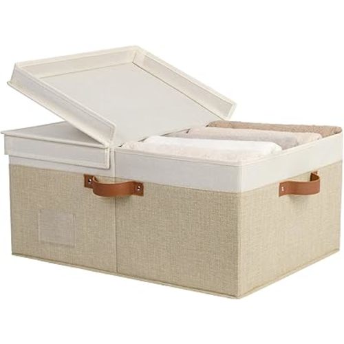 GRANNY SAYS Decorative Storage Boxes with Lid, Large Storage Bins with Label, 63L Fabric Storage Bin for Clothes, Toy Storage Chest, Memory Keepsake Box, White/Khaki