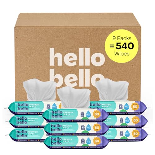 Hello Bello Premium Fragrance-Free Baby Wipes, with Chamomile & Aloe Extracts for Sensitive Skin - 9 Resealable Packs = 540 Total Wipes