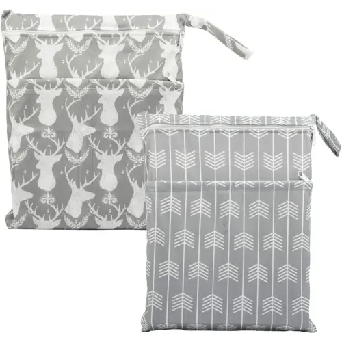 2 Wet Bags Reusable Diaper Nappy Waterproof With Two Zippered Pockets (Gray Arrow and Deer Heads)