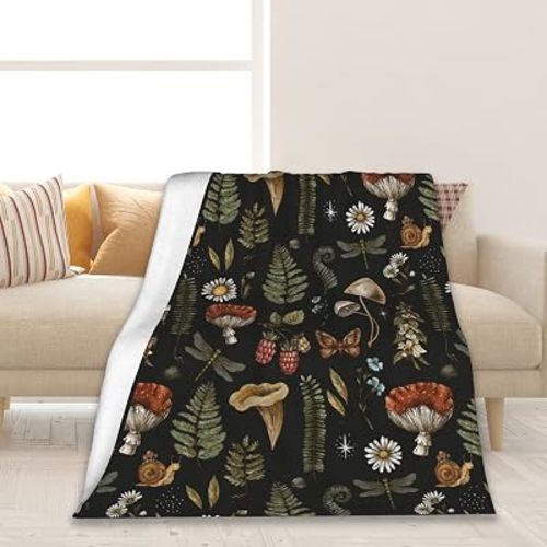 Elightvap Blanket Mushroom Fern Forest Plants Butterfly Blankets Warm Lightweight Throw Blanket All-Season for Couch Bed Man Women Girl 50"x60"