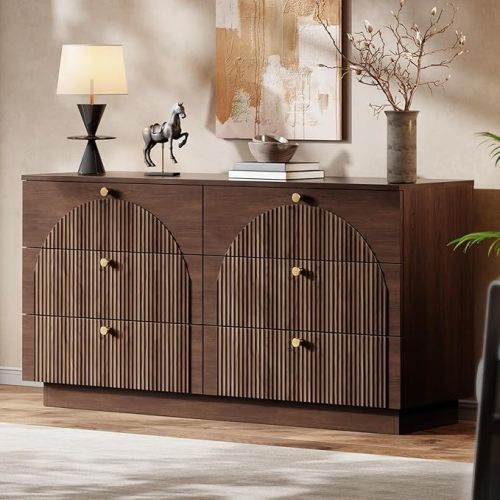 Arched Fluted Dresser for Bedroom with 6 Drawers, 55" Wide Large Wooden Storage Organizer Chest of Drawers, Mid Century Modern Wood Closet TV Stand for Bedroom,Living Room, Hallway, Walnut