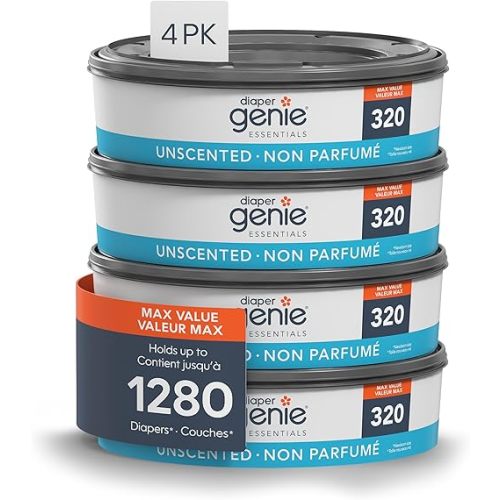 Diaper Genie Essentials Round Refill 4-Pack | Holds Up to 1280 Newborn Diapers | Features Unscented Continuous Film | Compatible with Diaper Genie Complete and Expressions Pails