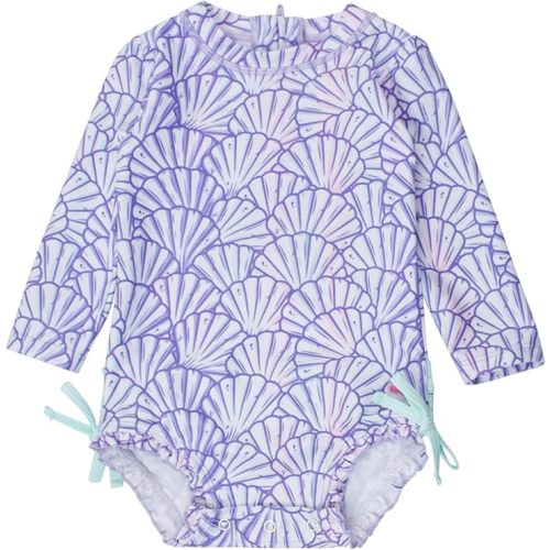 RuffleButts Baby Girls UPF 50+ Long Sleeve One Piece Rash Guard Swimsuit with Zipper (6-12 months)