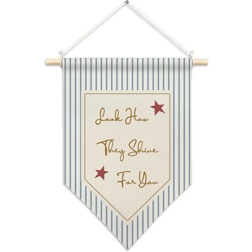 CUANFDDSF Inspirational Nursery Wall Art, Motivational Wall Decor Hanging Pennant Flag, Look How They Shine for You Blue Striped Canvas Banner Decorations for Kids Nursery Room Decor, 11x15 Inch