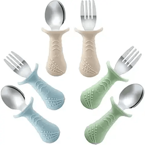 PandaEar Baby Toddler Fork and Spoon Utensil Set, 6 Pack Silicone Stainless Steel Silverware Spoon Fork for Babies Toddler, BPA Free with Silicone Holding Anti-Choke Design (Green Blue Brown)