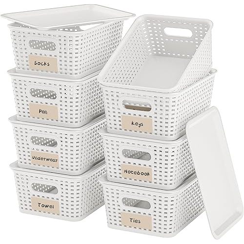 8-Pack White Plastic Storage Baskets with Lids, Label Organizers, Stackable Organizer Containers: For Organizing Shelves, Drawers, Desk Closets, Playrooms, Classrooms, Offices