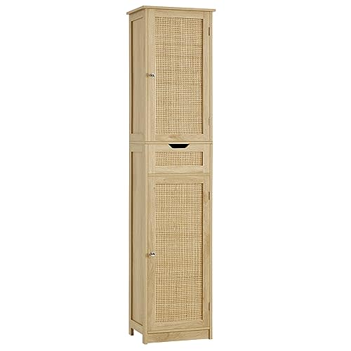 Iwell Tall Narrow Storage Cabinet with Doors, Rattan Cabinet with Adjustable Shelves, Freestanding Linen Storage for Living Room, Entryway, Kitchen, Bathroom, Natural