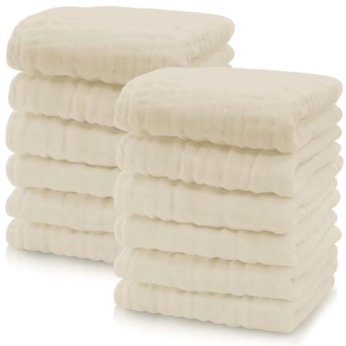 Cute Castle 12 Pack Muslin Burp Cloths for Baby - Ultra-Soft 100% Cotton Baby Washcloths - Large 20'' by 10'' Super Absorbent Milk Spit Up Rags - Burpy Cloths for Unisex, Boy, Girl - Ivory