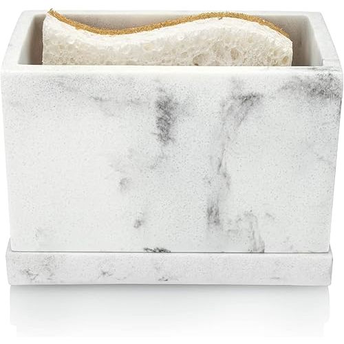 Essentra Home White Marble Kitchen Sponge Holder Kitchen Sink Caddy