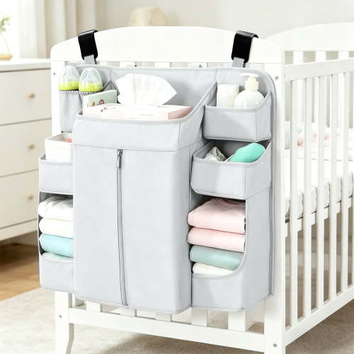 Crib Organizer Hanging Storage Rack - Washable Oxford Fabric Nursery Caddy with Diaper & Bottle Pockets