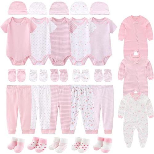 28 Pack Unisex Baby Layette Set Boy Girl Pants+Rompers+Short Sleeve Bodysuits+Hats+Gloves+Socks New Born Outfit
