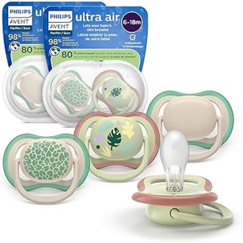Philips Avent Ultra Air Pacifiers - Orthodontic Design, for Babies 6-18 Months, Soft Silicone Symmetrical Nipple, BPA-Free, 2 Sterilizing Cases, 4 Pack, SCF087/26