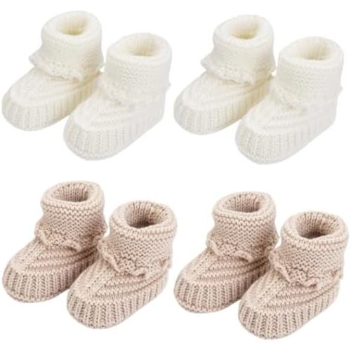 Baby Booties, Newborn Walking Shoes, Infant Hand Crochet Knit Cotton Sock Booties, Soft Cozy Socks Slippers, Indoor House Shoes for Baby, 2 Pairs