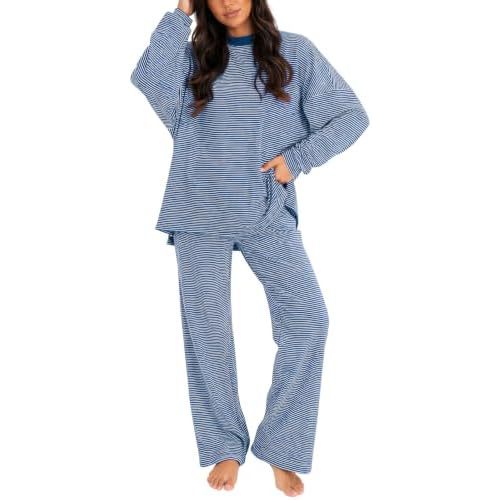 Women's 2 Piece Striped Lounge Set Wide Leg Pants Matching Pajamas Set