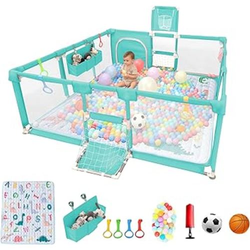 Playpen for Babies and Toddlers,73"x71"Baby Playpen with Mat Indoor＆Outdoor with Breathable Play Pen with Ocean Balls Hanging Pocket Basketball Hoop and Football Goal (Green with Mat, 73"x71")